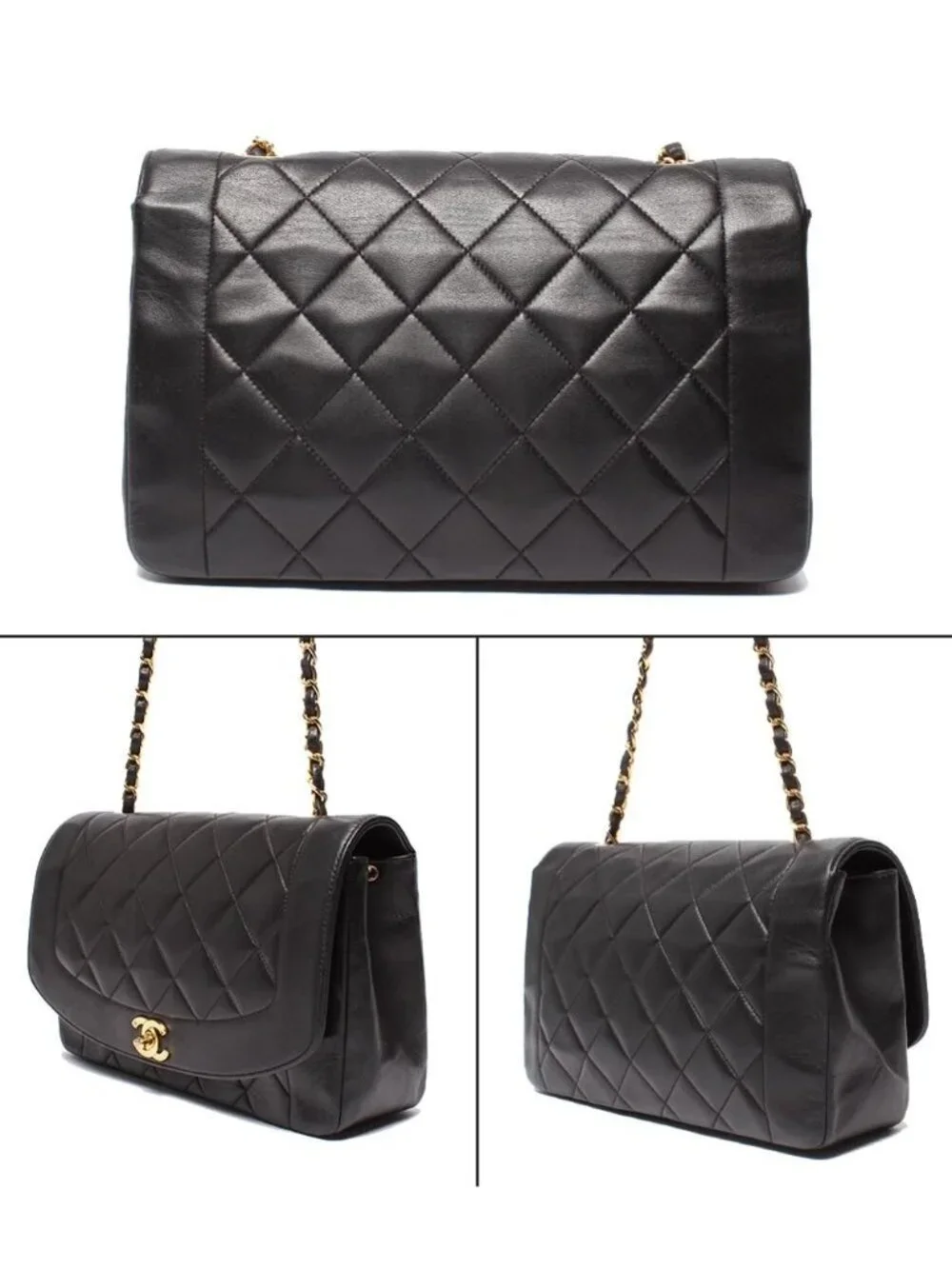 Chanel Chain Shoulder Bag Quilted Gold Lambskin Single Crossbody Diana 25